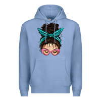 Colony Blue Messy Curly Bun Mom With Leopard Bandana Premium Hoodie - BundleAndBundleShop