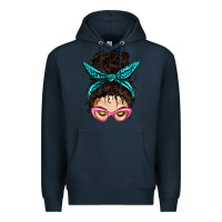 Navy Messy Curly Bun Mom With Leopard Bandana Premium Hoodie - BundleAndBundleShop