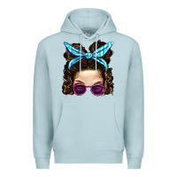 Blue Mist Messy Bun Mom And Pink Leopard Sunglasses Premium Hoodie - BundleAndBundleShop