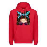 Red Messy Bun Mom And Pink Leopard Sunglasses Premium Hoodie - BundleAndBundleShop