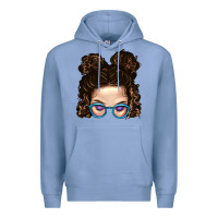 Colony Blue Messy Bun Mom And Glitter Glasses Premium Hoodie - BundleAndBundleShop