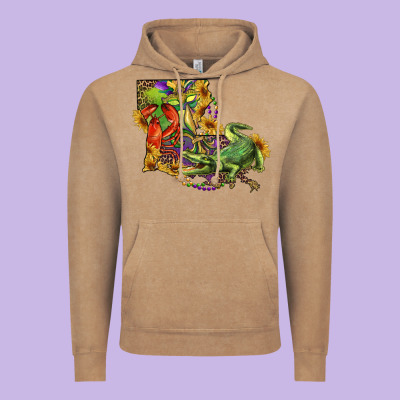 Vintage Hoodie Louisiana Map With Mardi Gras Crocodile