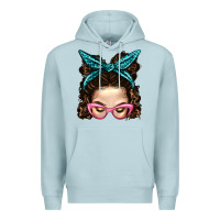 Blue Mist Messy Bun Mom With Leopard Bandana Premium Hoodie - BundleAndBundleShop