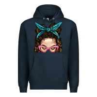 Navy Messy Bun Mom With Leopard Bandana Premium Hoodie - BundleAndBundleShop