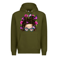 Army Green Messy Bun Mom With Butterfly Premium Hoodie - BundleAndBundleShop