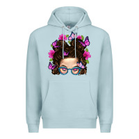 Blue Mist Messy Bun Mom With Butterfly Premium Hoodie - BundleAndBundleShop