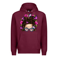 Burgundy Messy Bun Mom With Butterfly Premium Hoodie - BundleAndBundleShop