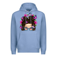 Colony Blue Messy Bun Mom With Butterfly Premium Hoodie - BundleAndBundleShop