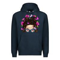 Navy Messy Bun Mom With Butterfly Premium Hoodie - BundleAndBundleShop