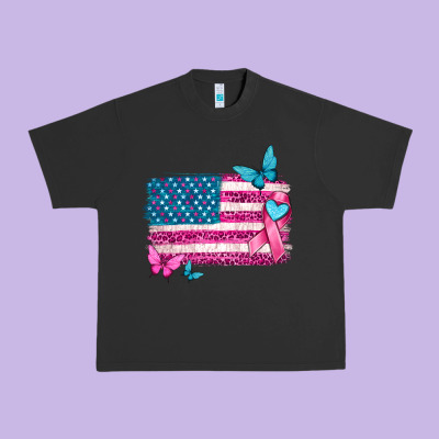 American Flag Breast Cancer With Ribbon Urban Heavy Tee Designed By Texasbilliewilder