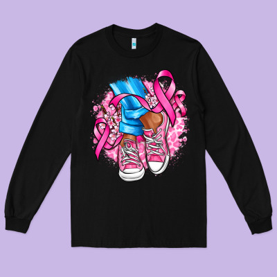 Cancer Ribbon Pink Converse And Flowers Long Sleeve Tee Designed By Adodesignshop