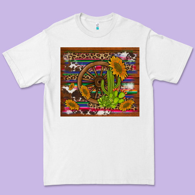 Cactus And Sunflowers With Old Wheel Serape Leopard Cowhide Background Premium Tee Designed By Artiststas
