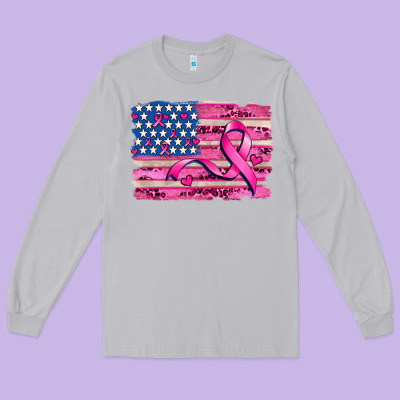 American Flag And  Cancer Ribbon Pattern Long Sleeve Tee Designed By Adodesignshop