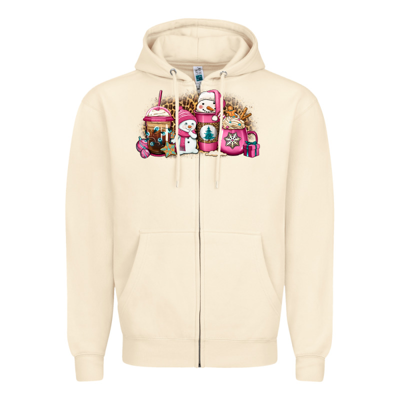 Pink Christmas Winter Snowman Coffee Zipper Hoodie by Jasminsmagicworld | Teevron