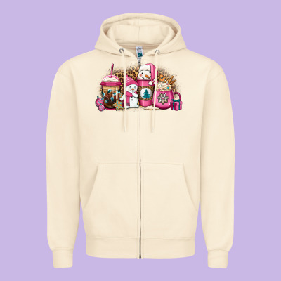 Pink Christmas Winter Snowman Coffee Zipper Hoodie Designed By Jasminsmagicworld