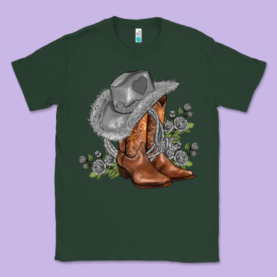 Gray Cowgirl And Roses Classic Tee Designed By Adodesignshop