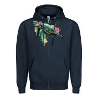 Navy sea turtle with lotus Zipper Hoodie - Artiststas