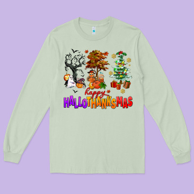 Happy Hallothanksmas Trees Long Sleeve Tee Designed By Adodesignshop