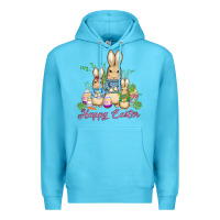 Ocean Blue easter bunny family wıth carrots and eggs Premium Hoodie - AdoDesignShop