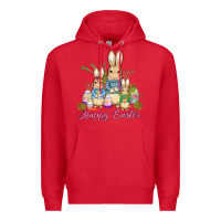 Red easter bunny family wıth carrots and eggs Premium Hoodie - AdoDesignShop