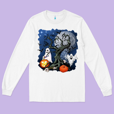 Halloween Tree And Ghosts Long Sleeve Tee Designed By Adodesignshop