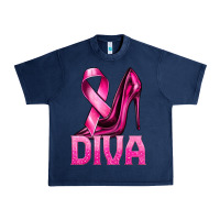 Navy Breast Cancer Diva Ribbon and Heels Urban Heavy Tee - texasbilliewilder
