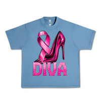 Pebble Blue Breast Cancer Diva Ribbon and Heels Urban Heavy Tee - texasbilliewilder