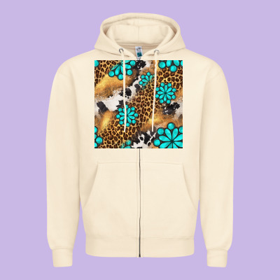 Western Turquoise Gemstone Seamless Pattern Zipper Hoodie Designed By Bundleandbundleshop
