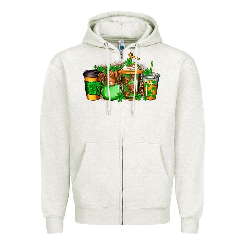 Longhaired Cow St Patricks Coffee Zipper Hoodie by Jasminsmagicworld | Teevron