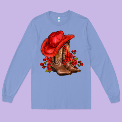Valentines Day Cowboy Boots Red  And Roses Long Sleeve Tee Designed By Adodesignshop
