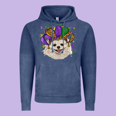 Vintage Hoodie Mardi Gras White Pomeranian with Hat