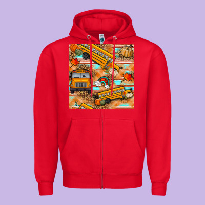 Fall School Bus Seamless Pattern Zipper Hoodie Designed By Bundleandbundleshop