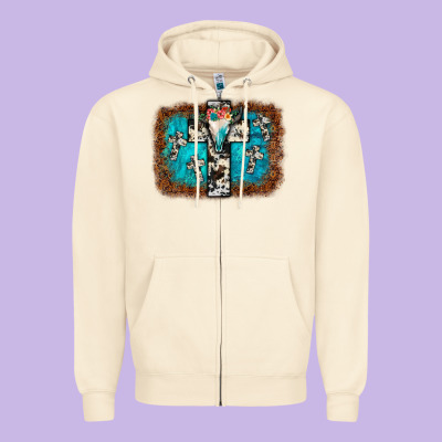 Bull Skull Cross Backgraund Zipper Hoodie Designed By Jahusdesignshop