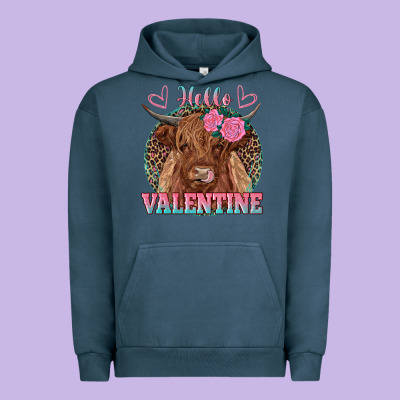 Hello Valentine Highland Cow Urban Hoodie Designed By Ranaportraitstore