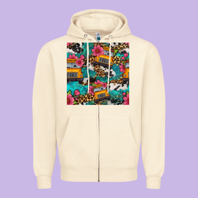 Western School Bus Seamless Pattern Zipper Hoodie Designed By Bundleandbundleshop