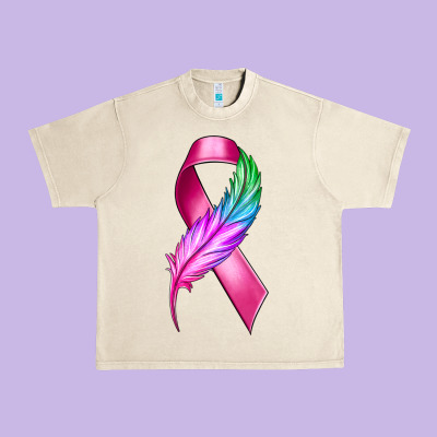 Breast Cancer Ribbon With Feather Urban Heavy Tee Designed By Texasbilliewilder