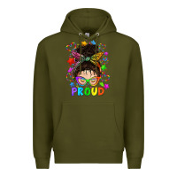 Army Green LGBTQ+ Messy Bun With Colorful Stars Premium Hoodie - BundleAndBundleShop