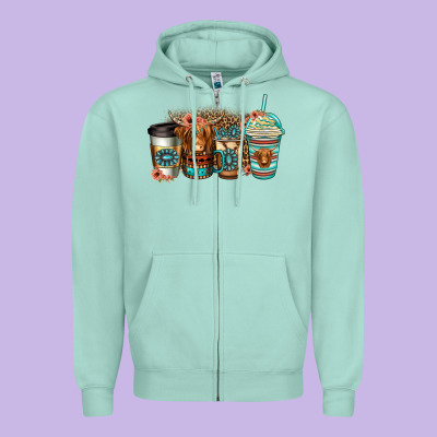 Serape Floral Longhaired Cow Coffee Cups Zipper Hoodie Designed By Jasminsmagicworld