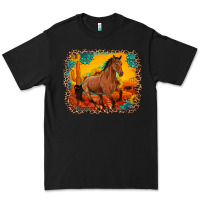 Black horse with sunflowers turquoise gemstone western sunset leopard backgr Premium Tee - Artiststas