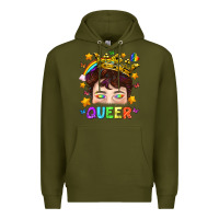 Army Green LGBTQ+ Queer Portrait With Crown And Rainbow Premium Hoodie - BundleAndBundleShop