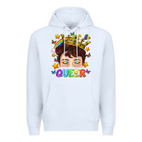 White LGBTQ+ Queer Portrait With Crown And Rainbow Premium Hoodie - BundleAndBundleShop
