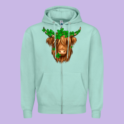 St. Patrick’s Day Long Hair Shaggy Cow Zipper Hoodie Designed By Jasminsmagicworld