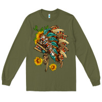 Army Green indian headdress with pattern and sunflowers Long Sleeve Tee - HRA Design Shop