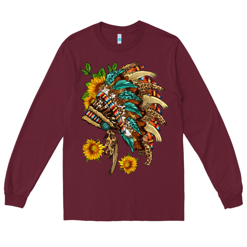 Indian Headdress With Pattern And Sunflowers Long Sleeve Tee by HRA Design Shop | Teevron