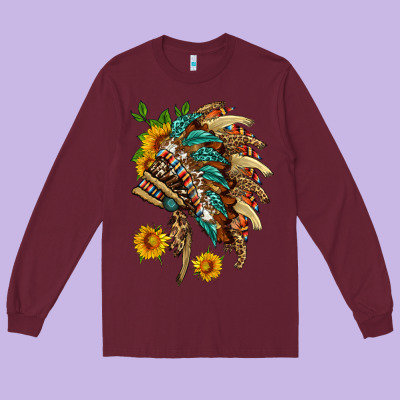 Indian Headdress With Pattern And Sunflowers Long Sleeve Tee Designed By Hra Design Shop