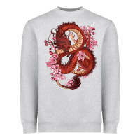 Heather Grey red dragon and sakura cherry blossoms Heavyweight Sweatshirt - RanaPortraitStore