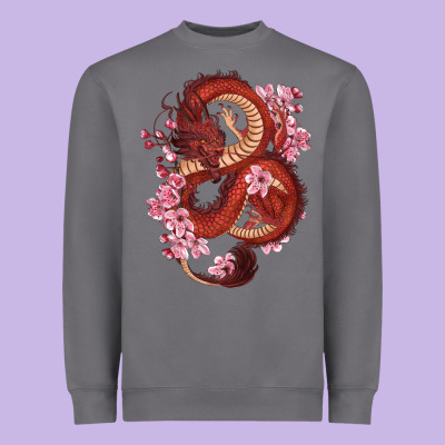 Heavyweight Sweatshirt red dragon and sakura cherry blossoms