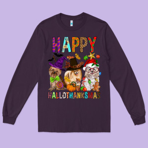 Happy Hallothankmas Dog Long Sleeve Tee Designed By Fadigitalartstudio