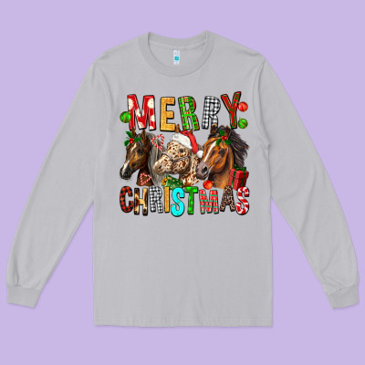 Merry Christmas Horses Long Sleeve Tee Designed By Fadigitalartstudio