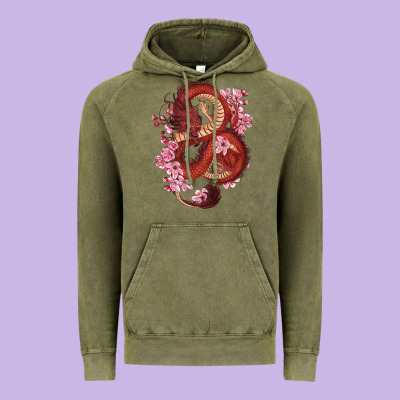 Vintage Hoodie red dragon and sakura cherry blossoms